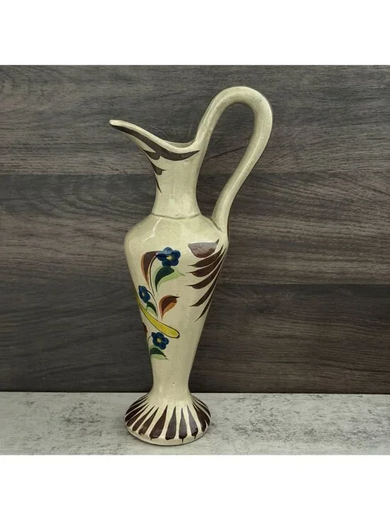Vintage Tonala Mexico Hand Painted Yellow Bird Handled Ewer Pitcher Ceramic 12" - Picture 4 of 12